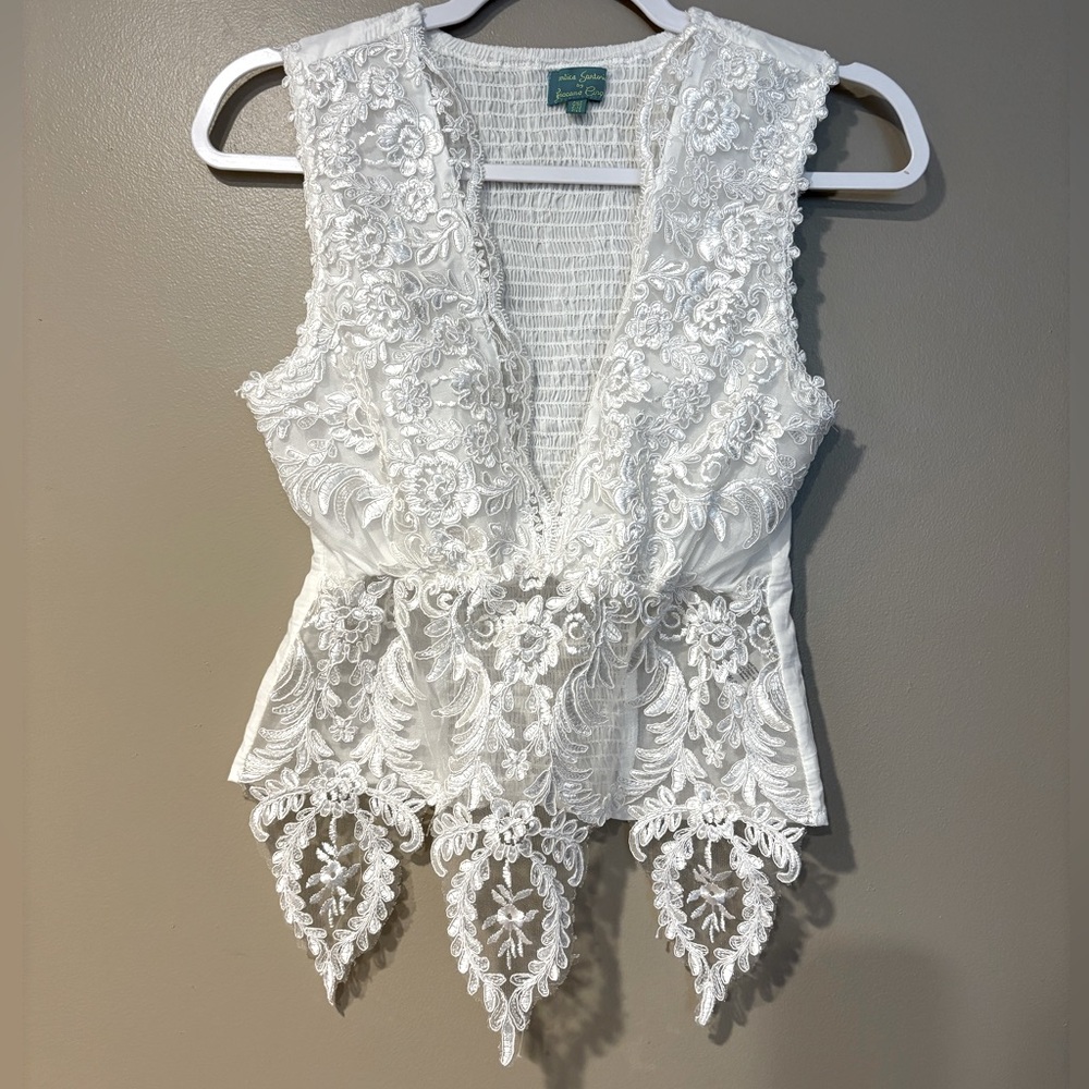 Angelcore Bridal lace smocked sheer sleeveless top textured wedding bride angel